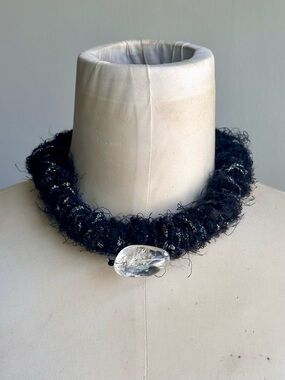 Clear Rainbow Quartz Stone Unique Fringe Collar Necklace in Black Ribbon, Art